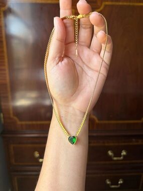 Gold Necklace with Green Heart Pendant - Women Jewelry